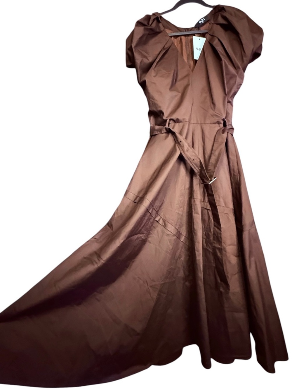 O.P.T. Chocolate Puff Sleeve Belted Midi Dress Full Skirt Cinched Waist NWT